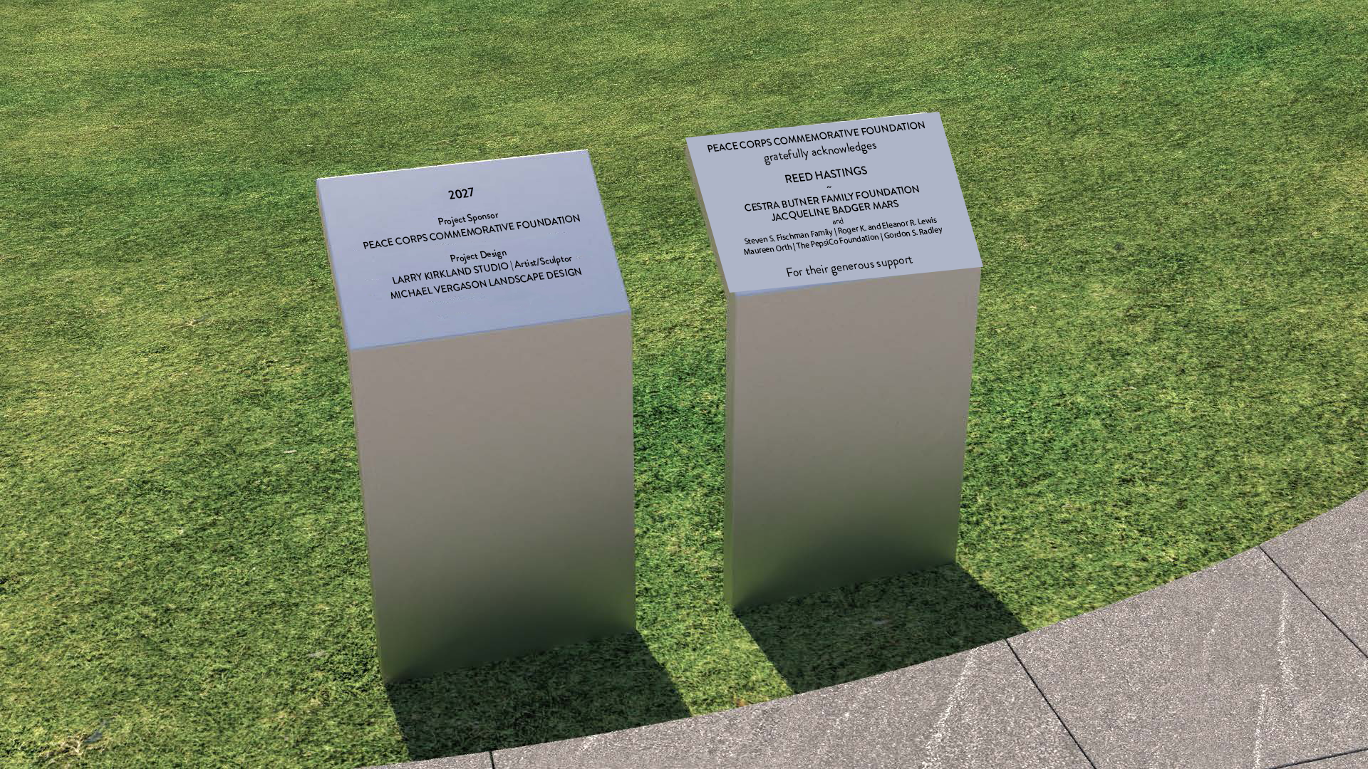 A digital rendering of the donor recognition pedestals planned for Peace Corps Park