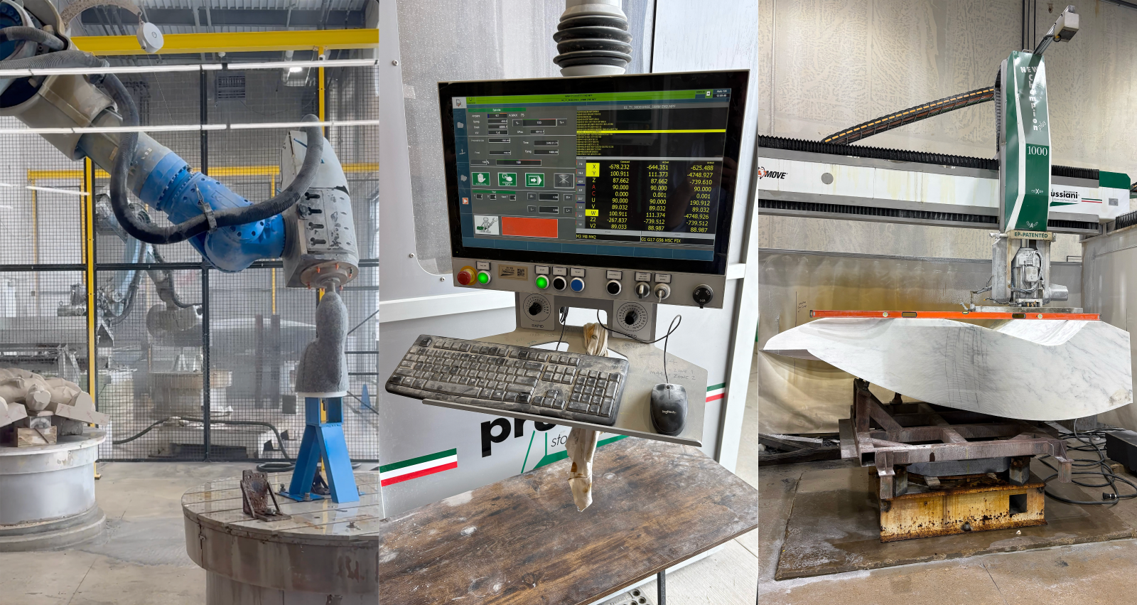 A composite image showing three examples of computer-assisted carving at Quarra Stone Company