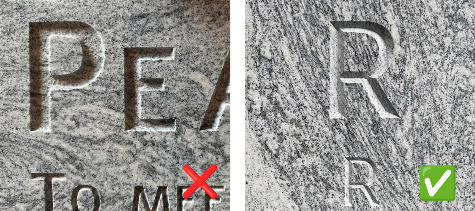 A composite image shows a sample of sandblasted letters on granite on the left, and an example of hand-carved lettering on granite on the right
