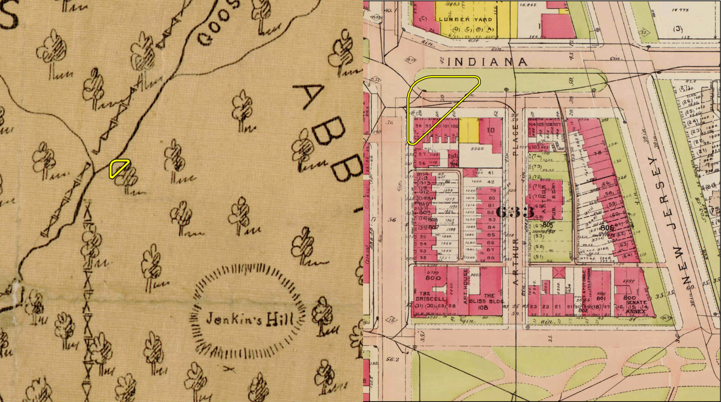 On the left, a historic map from 1792 shows a creek and forested land on the Peace Corps Park site; on the right a map from  1919 shows the site with more development of lots and underground sewage lines.